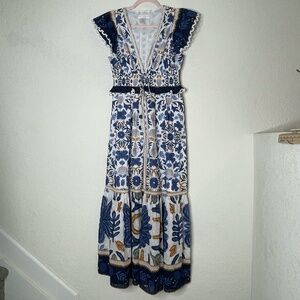 Caroline Constas Ruffle Sleeve Floral Maxi Dress Sz S Multicolor Boho Smocked